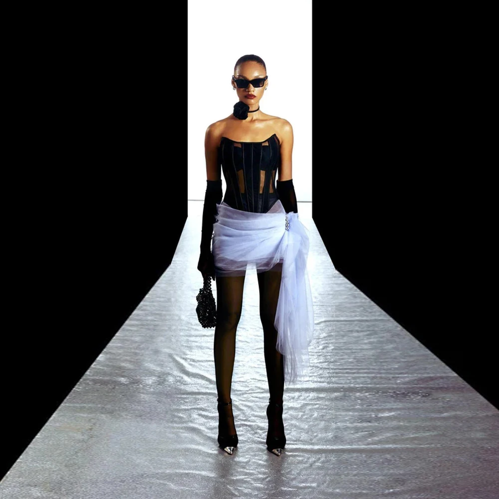 

Sexy Black&White Sheath Short Women Maxi Dresses To Party See Thru Top Corset Mini Female Dresses With Side Overlay