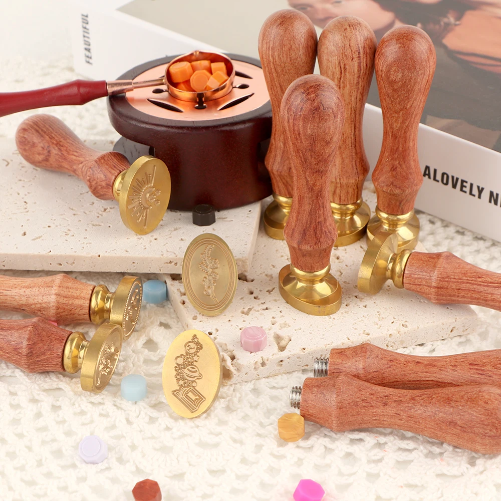 Oval Wax Seal Stamp Head with Handle Set Mixed Flower Pattern
