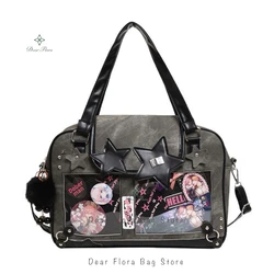 Trendy Y2K Star Ita Bag with Transparent Pocket - Cute Lolita Fashion Crossbody Shoulder Bag - 37x27x8cm with board (Black B)