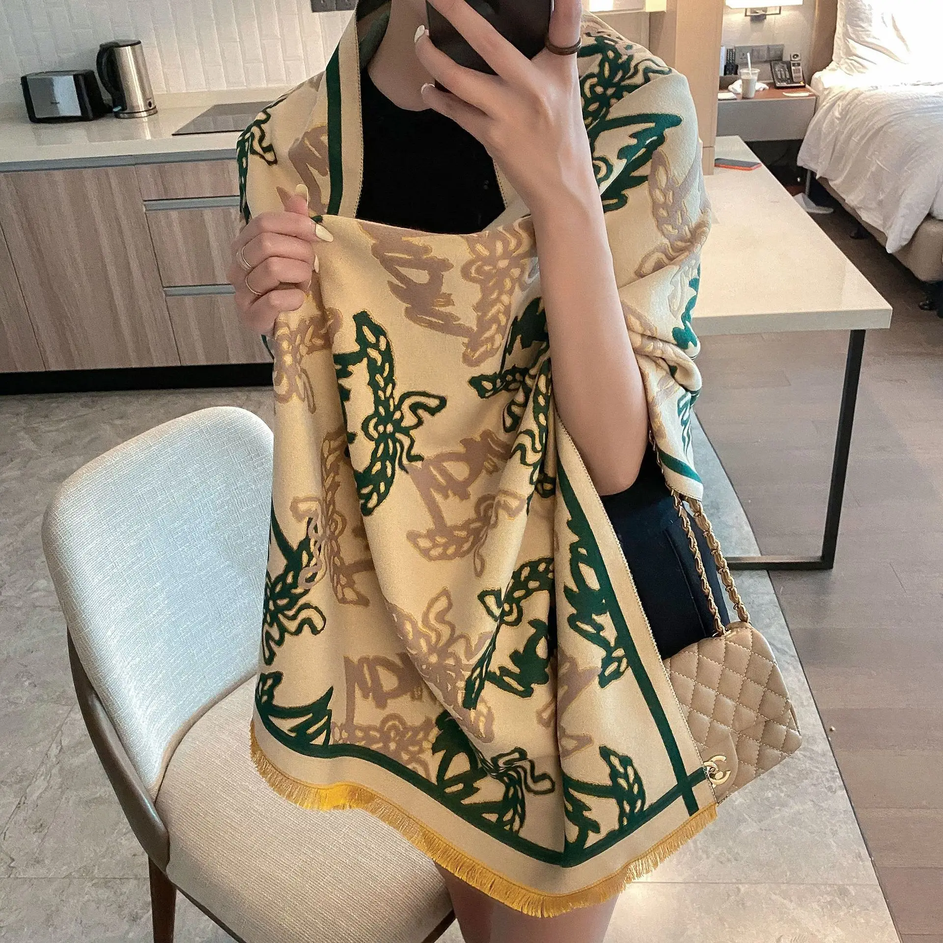 

Double-Sided Scarf Lengthened Air Conditioning Shawl Warm Scarf Women's Geometric Jacquard Thickened Imitation Cashmere