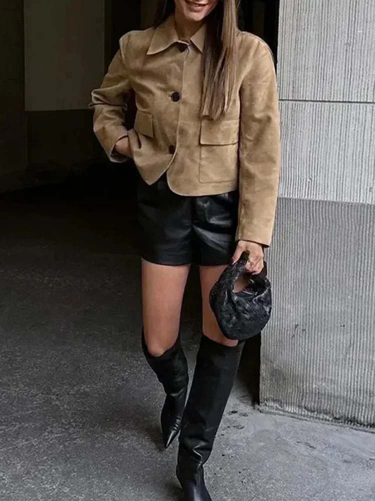 2024 Autumn Lady New Streetwear Fashion Suede Leather Long Sleeve Cropped Jacket Women Casual Lapel Single Breasted Pockets Coat - Image 5