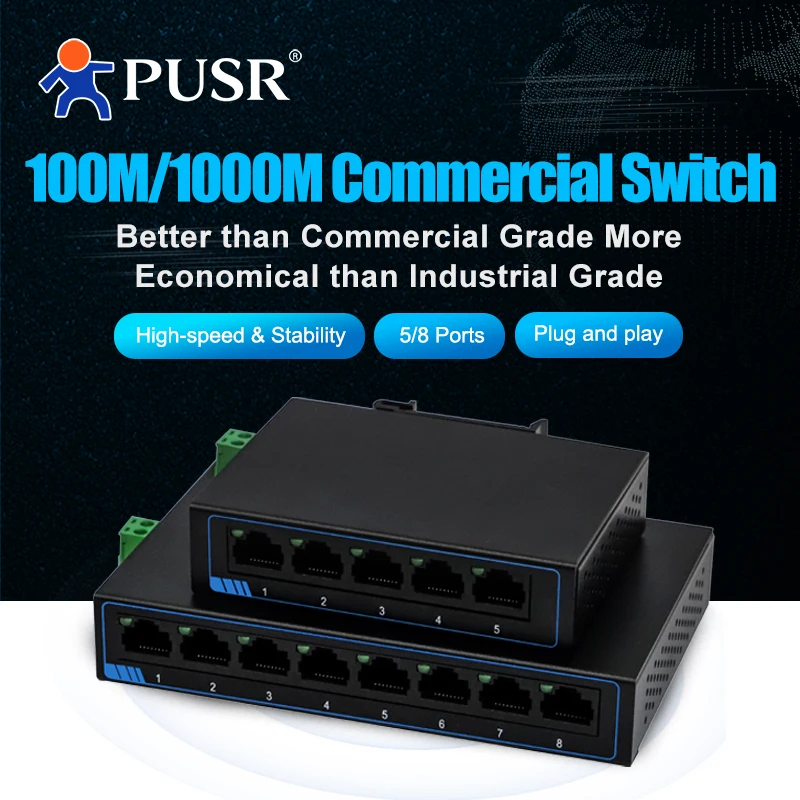 

PUSR 5/8 Ports Gigabit Ethernet Switch DC or Terminal Power Supply Plug and Play DIN rail and desktop placement USR-SG1005/008