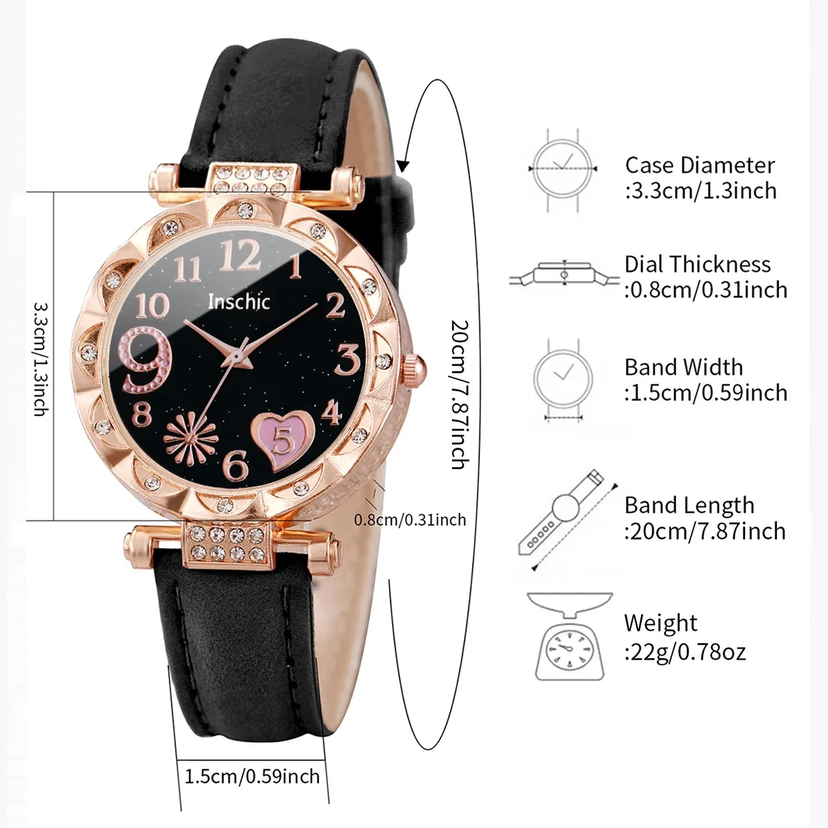6PCS/Set Fashion Rhinestone Heart Women Quartz Watch Leather Band Wristwatches Bracelets Set（Without Box）