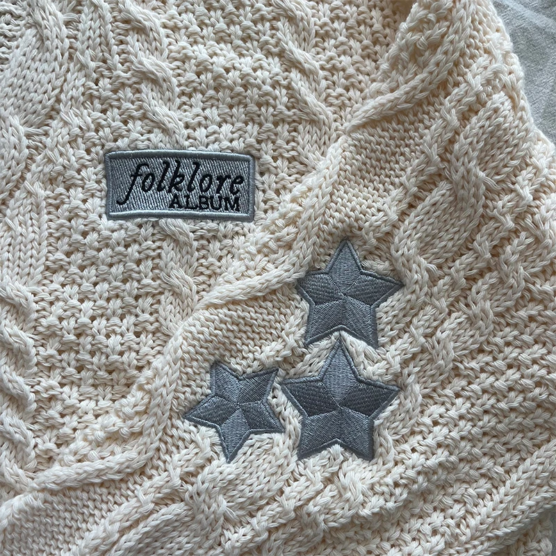 Loose Fit Star Embroidered Knitted Cardigan Women Beige Folklore Autumn Winter Casual Sweater Coat 3