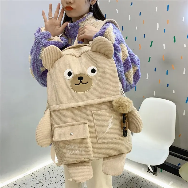 Japanese Corduroy Bear Backpacks for Cute Women Multi-pockets School Bags Large Capacity Backpack Teenger Girls Schoolbag Female stylish eco friendly backpacks Stylish Backpacks