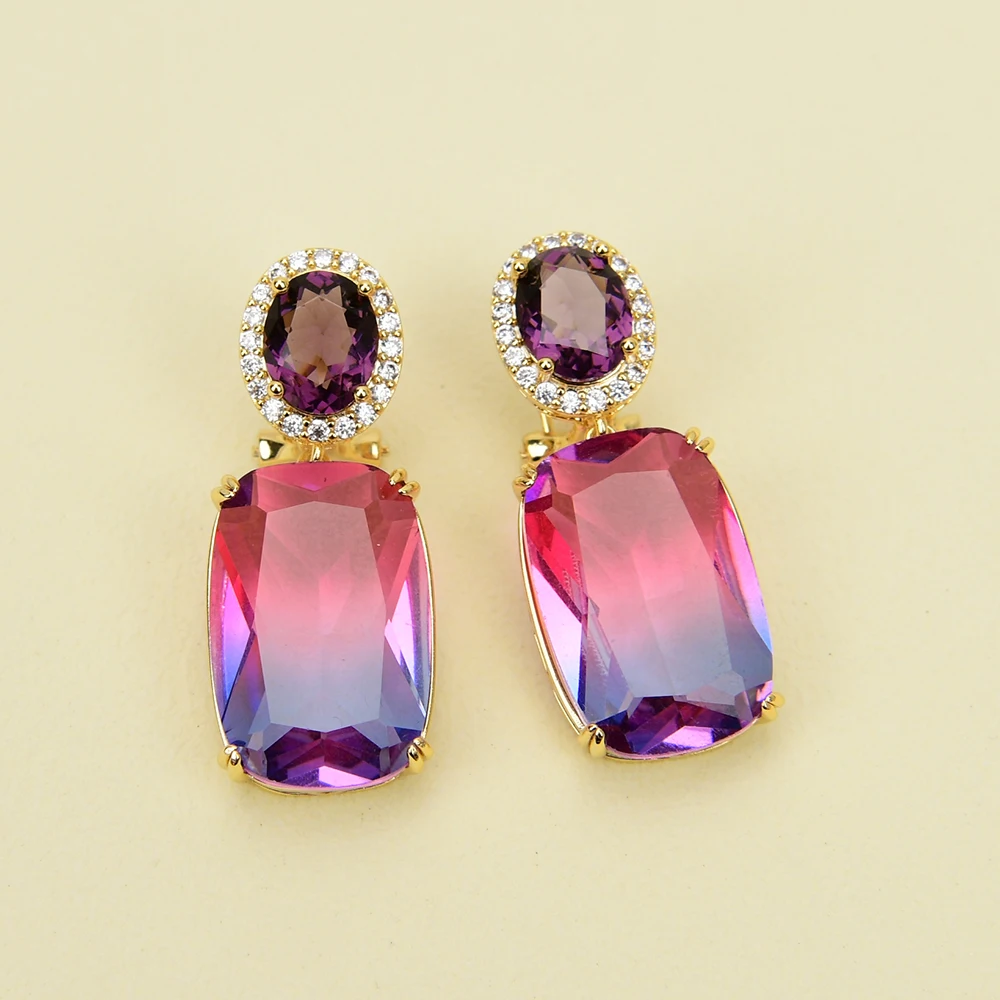 

GG Jewelry Natural Gradient Red Purple Crystal Rectangle Karat Gold Omega Zircon Stud Earrings Women Daily wear Jewelry