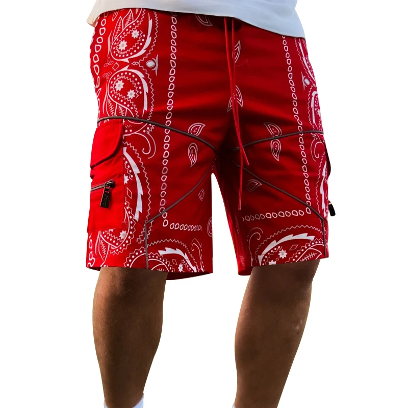 Trendy Cashew Flower Pattern Cargo Shorts, Men's Multi Flap Pockets Shorts, Loose Casual Outdoor Shorts Streetwear Hip hop pants