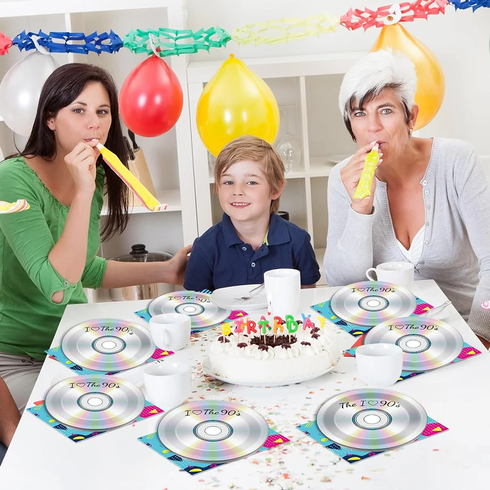 Retro 90er-Jahre-Partydekorationen, Teller, Servietten, CD-Druckplatte, hängende Disco-Kugel-Ornamente für 90er-Jahre-Themenparty-Dekoration, Gastgeschenke, Zubehör – Detail 9