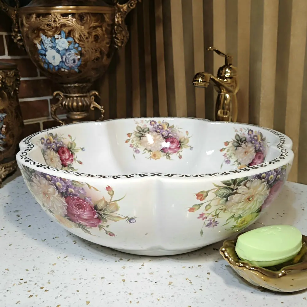 MAEBOW Artistic Sink Europe Style Handmade Flower Shape Ceramic Countertop Bathroom Wash Basin Bathroom Sink 3