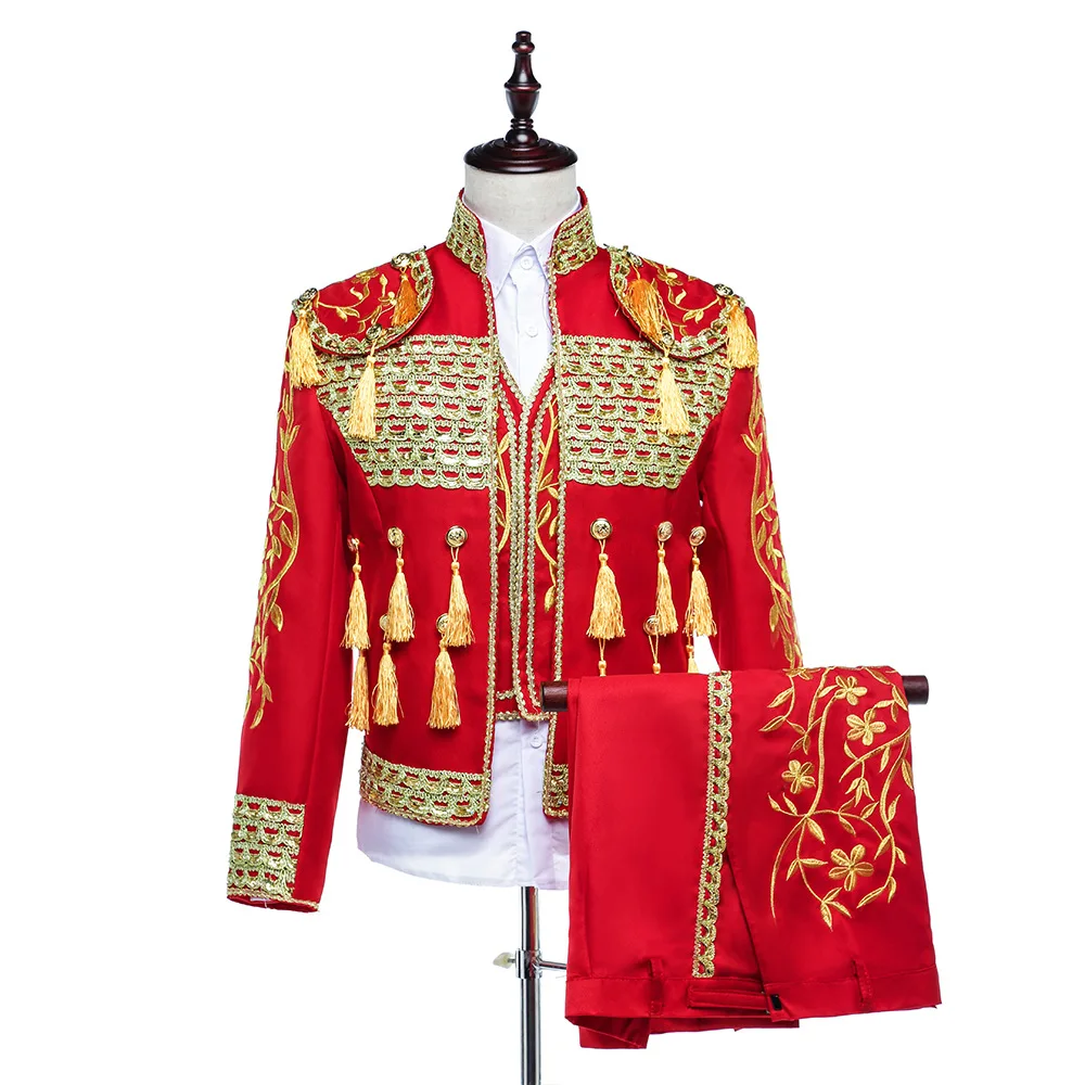 Men Spanish Matador Spain Bullfighter Cosplay Medieval Luxury Noble Prince Costume Halloween Royal Military Uniform Jacket Suit