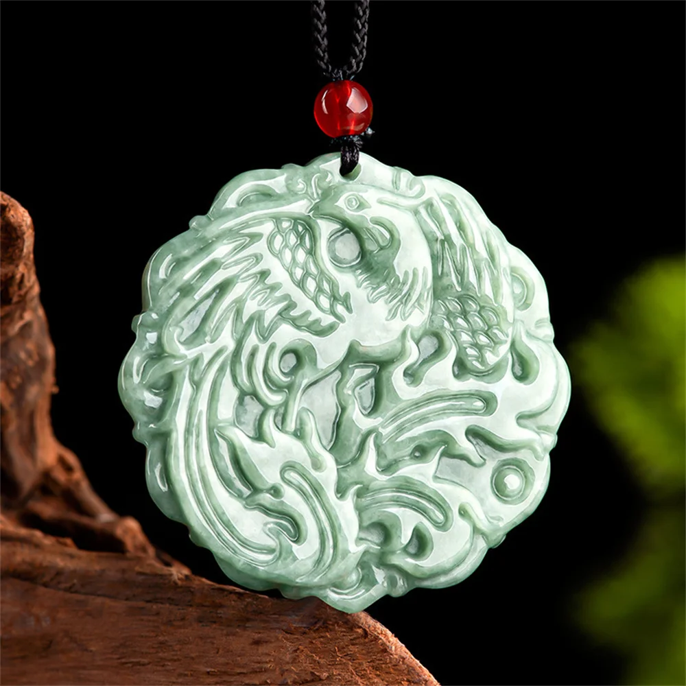 

Retro Natural Green Jadeite Hand Carved Chinese Phoenix Lucky Pendant Amulet Necklace Certificate Luxury Jade Vintage Jewelry