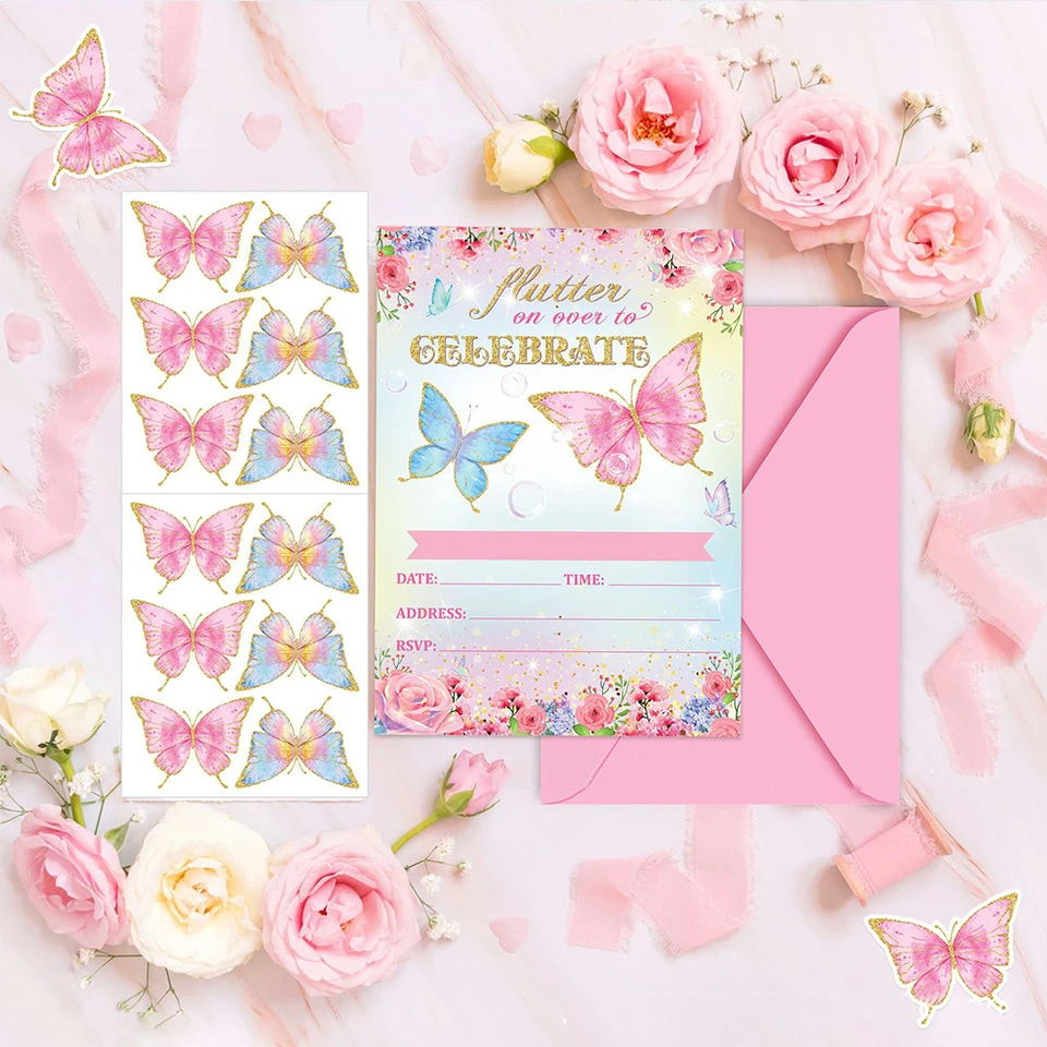 Carta di invo alieno con farfalla rosa Tema farfalla primaverile Decorazioni per una festa di compleanno Bomboniere per bambini Carta per ragazze Fornure per baby shower  15