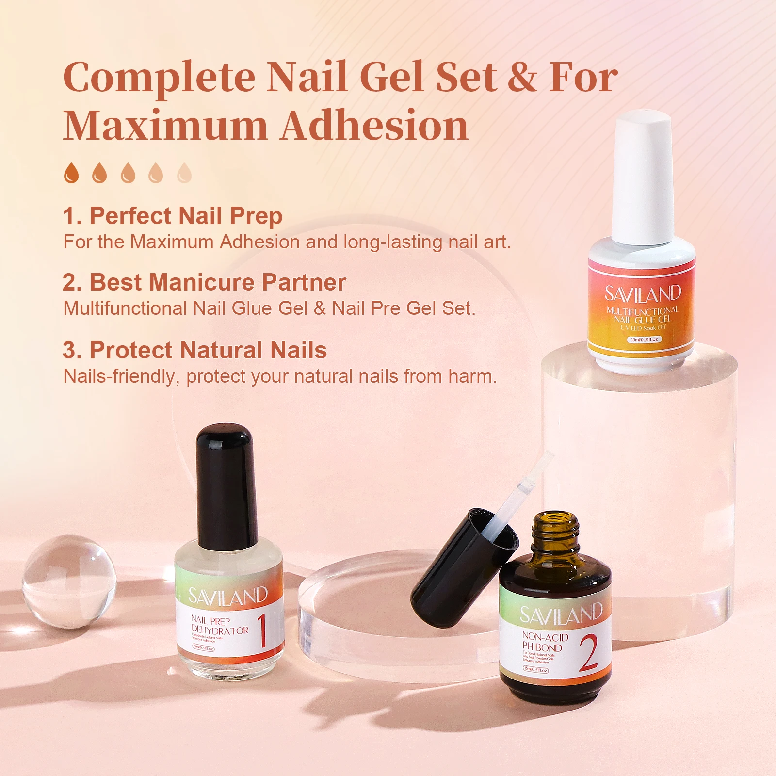 SAVILAND 3pcs Nail Dehydrator and Primer Gel Nail Prep Gel 15ml Super Strong Glue for Polish Press Ons Kit Art