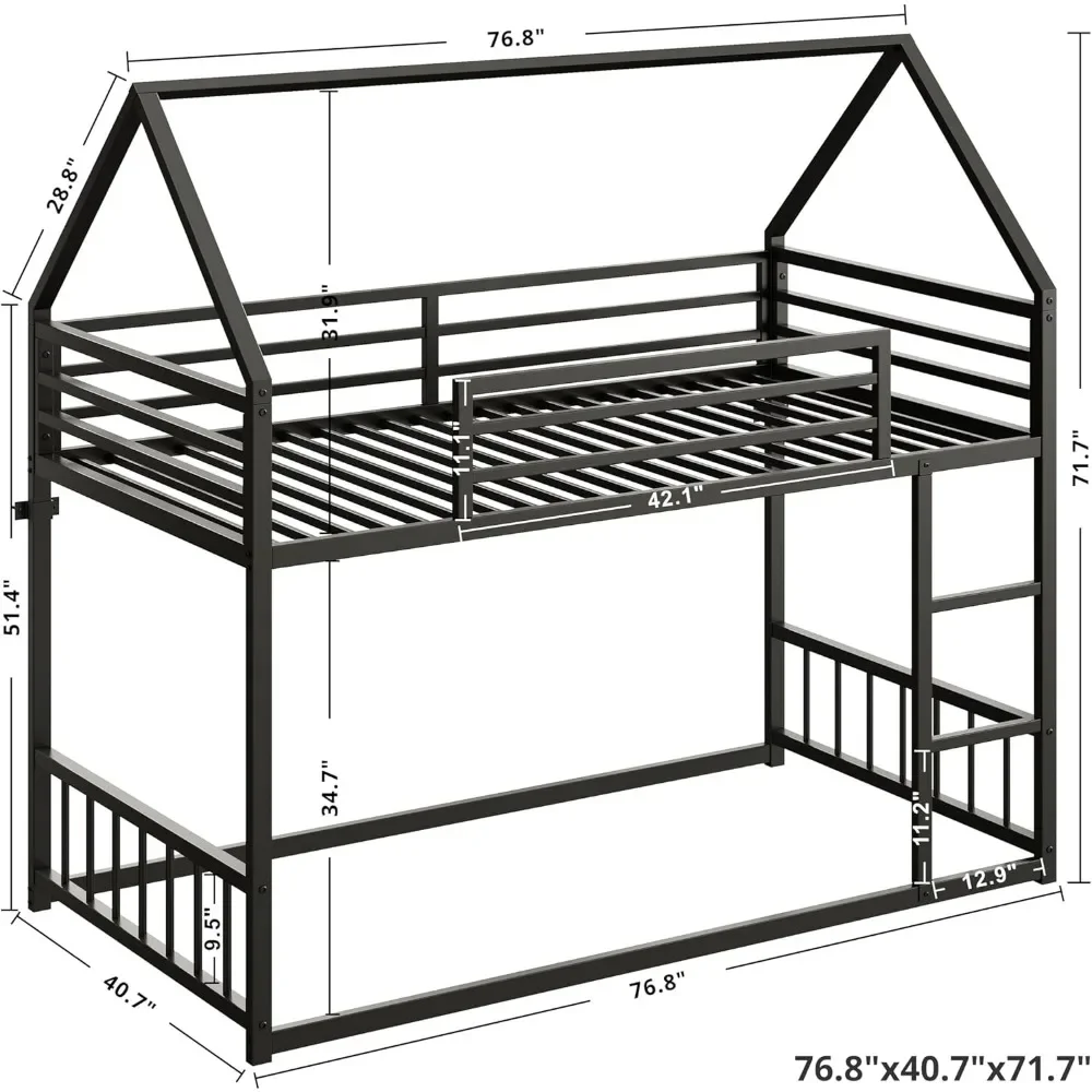 Bunk Beds Twin Over Twin, House Bunk Bed Frame with Ladder and Guardrail, House Shaped with Metal Slats Bunk Beds for Kids 4