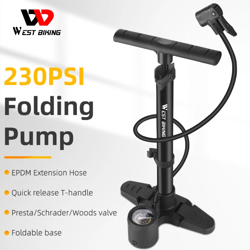 

WEST BIKING 230PSI Bicycle Pump High Pressure With Air Gauge Foldable MTB Road Bike Pump Aluminum Alloy Bike Tire Air Inflator