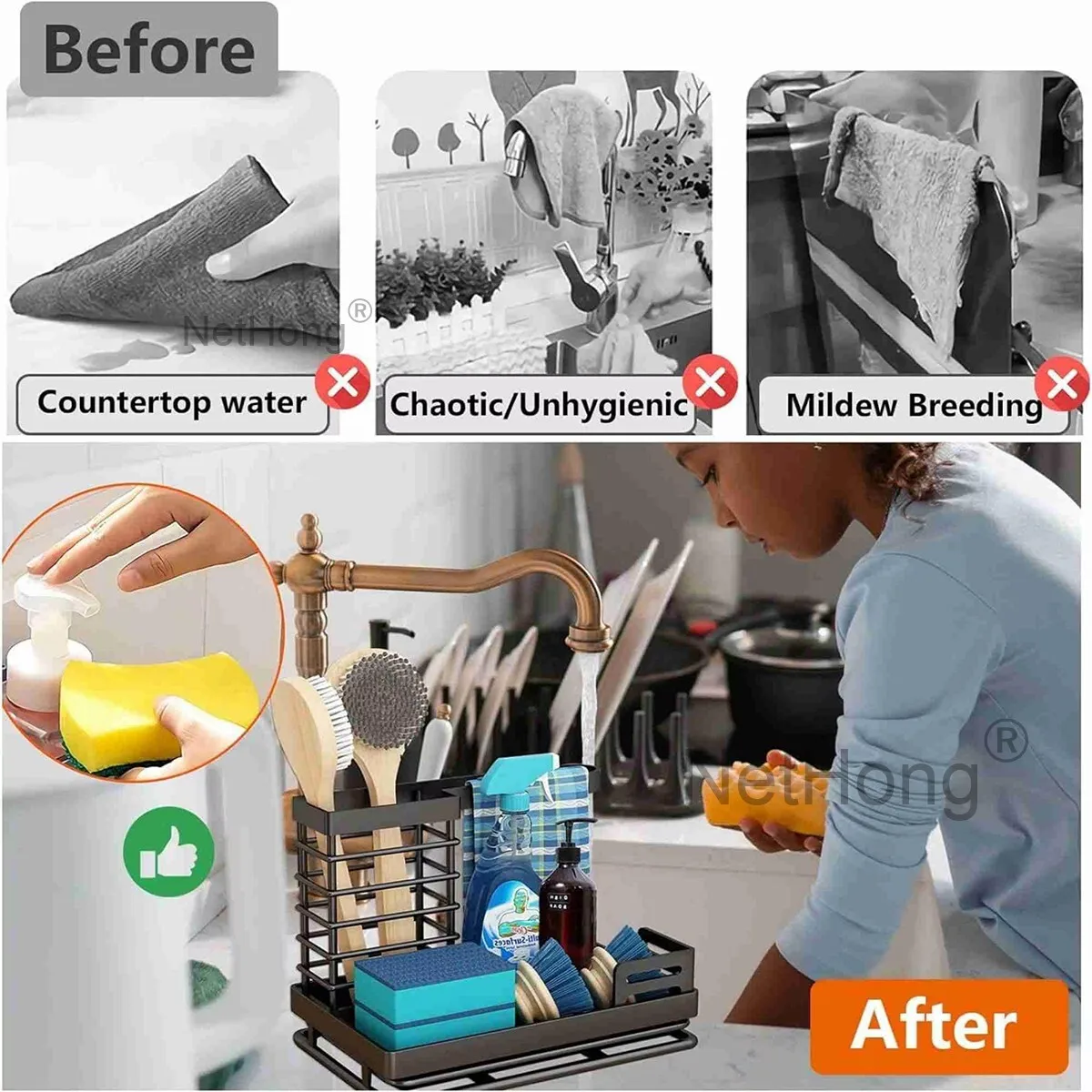 Kitchen Sponge Holder, Dishwashing Brush Rag Rack, Storage Rack Above The Sink~: 3 - 5 Days Free Delivery Only UK