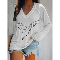 T-shirts pour femmes avec imprimé chien, décontractés d'été, amples à manches longues et col en V, blanc, noir, bleu, vert – Grande Vente 2