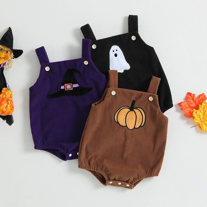 

Baby Girls Boys Corduroy Rompers Halloween Clothes Pumpkin Witch Hat Ghost Pattern Sleeveless Straps Jumpsuits Bodysuits