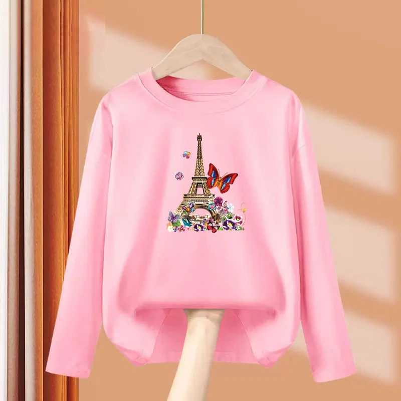 Girls New Autumn Clothes Paris Eiffel Tower T-shirt Long sleeved Cotton Tops Little Girl Butterfly Party Tees 2