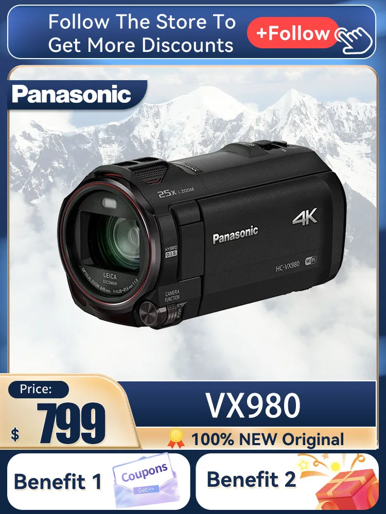 Panasonic-VX 980 홈/라이브 Hd 디지털 비디오 카메라, Dv Wifi, 90 배 줌 5 축 안정화 V270 업그레이드, 파나소닉 V385