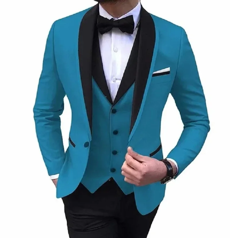 Black Shawal Lapel Costume Homme Groom Tuxedos Men Suit Wedding Prom Blazer 3 Pieces Terno Masculino (Jacket+Pants+Vest+bow)