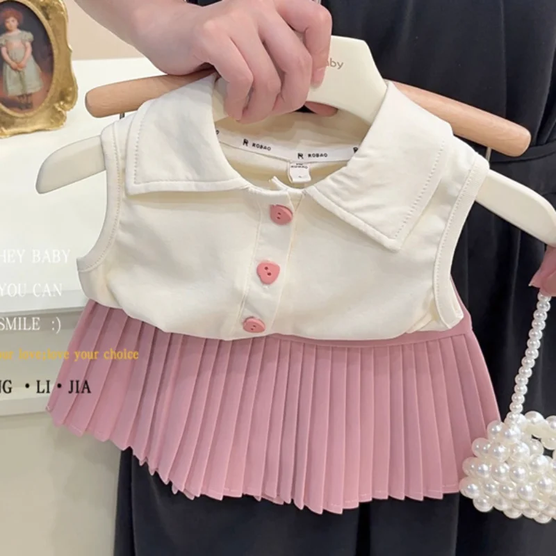 

Set for Girls New Summer Children's Set for Girls POLO Tank Top and Pink Pleated Skirt, Casual Two-Piece Set with Free Shipping