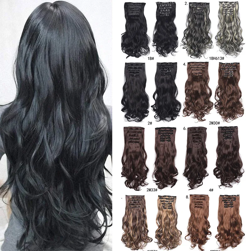 

VIVIEIEI Synthetic Clip In Hair Extensions 6 Pcs Long Wavy Natural Black Hair Extension 20 Inch 16 Clips Hairpieces for Women