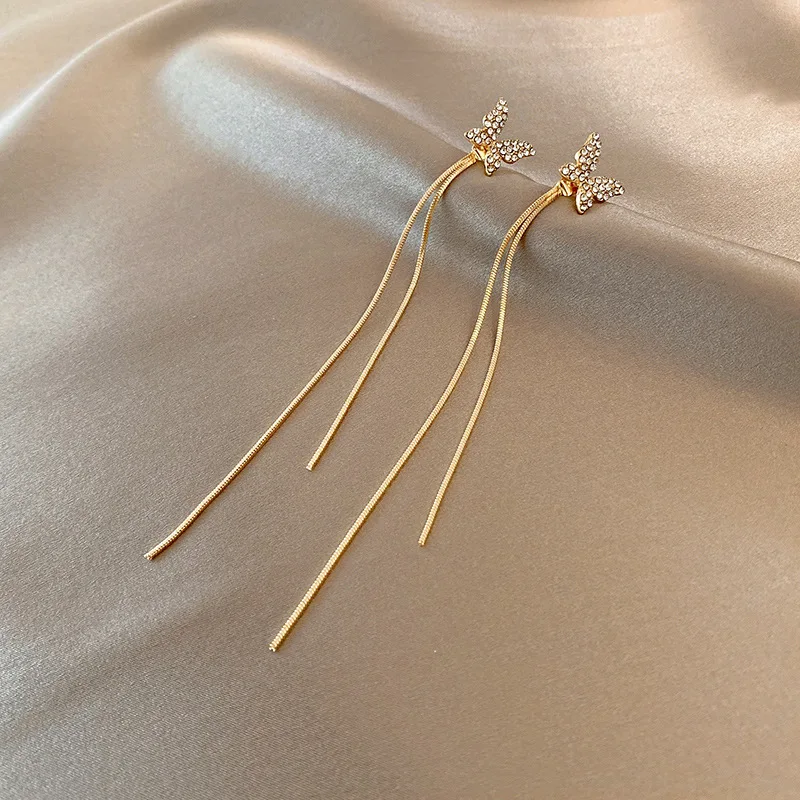 Korean Gold Color Long Tassel Earrings For Women Fashion Crystal Butterfly Heart Star Dangle Earring Lady Elegant Party Jewelry