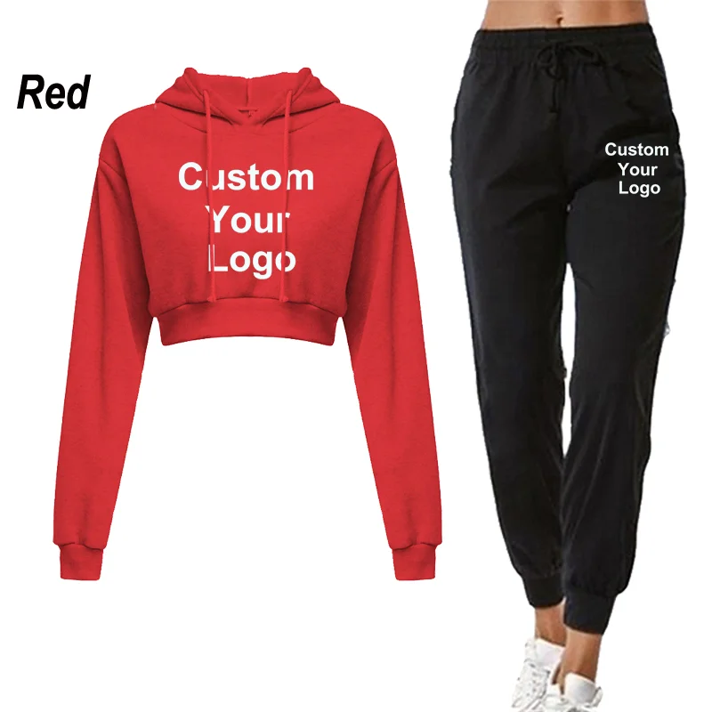 New Women 2 Piece Customize Your Logo Sweatsuit Outfits Crop Hoodies and Jogger Pants Tracksuit Casual Jogger Sets 4