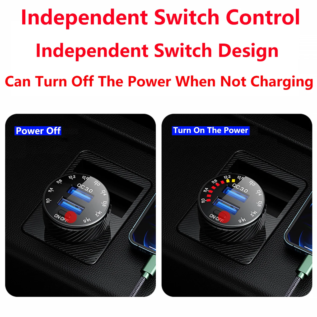 Dual USB Waterproof Fast Charging Car Charger with LED Voltmeter and On/Off Switch