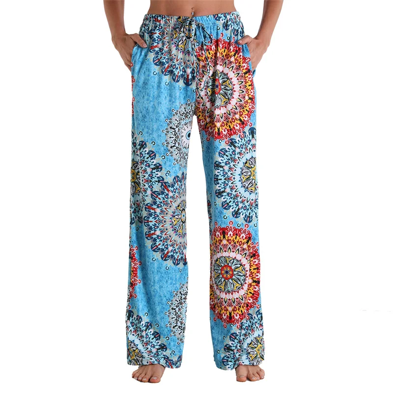 Women's Cotton Straight Tube Pajama Pants Home Casual Running Sports Pocket Elastic Pants Fashion Loose Strap Printed Trousers