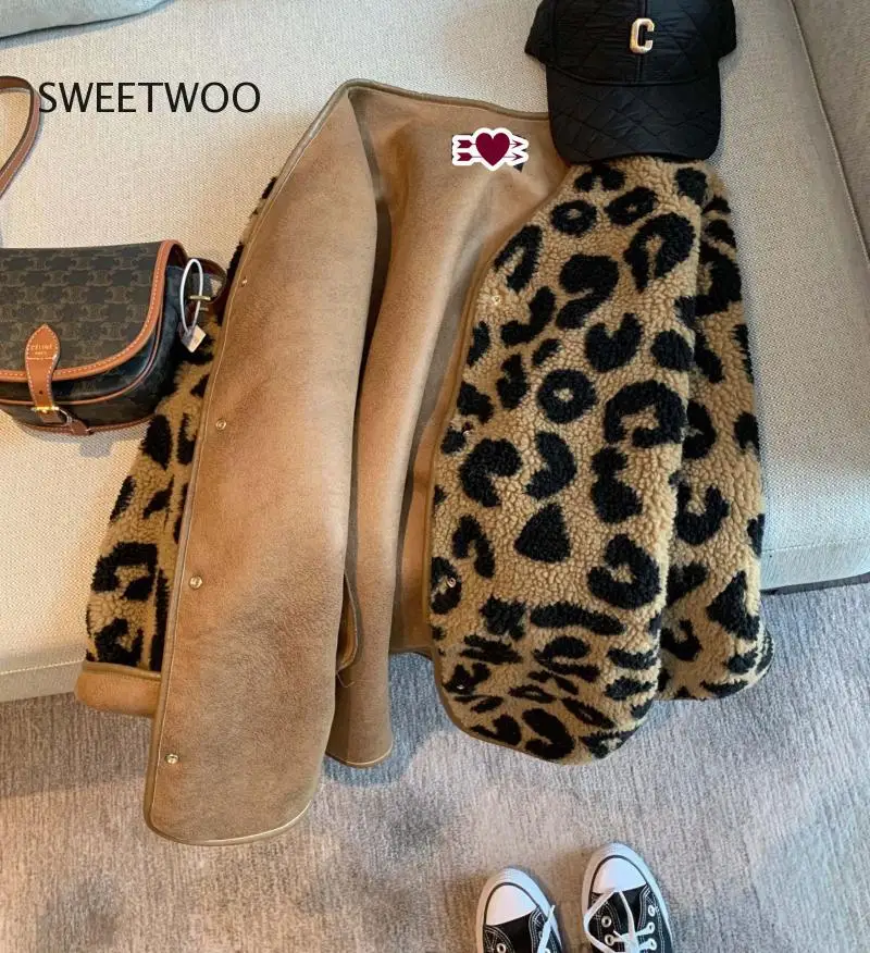 

Leopard print fur one-piece short jacket women spring and autumn 2023 Korean loose casual thick tops
