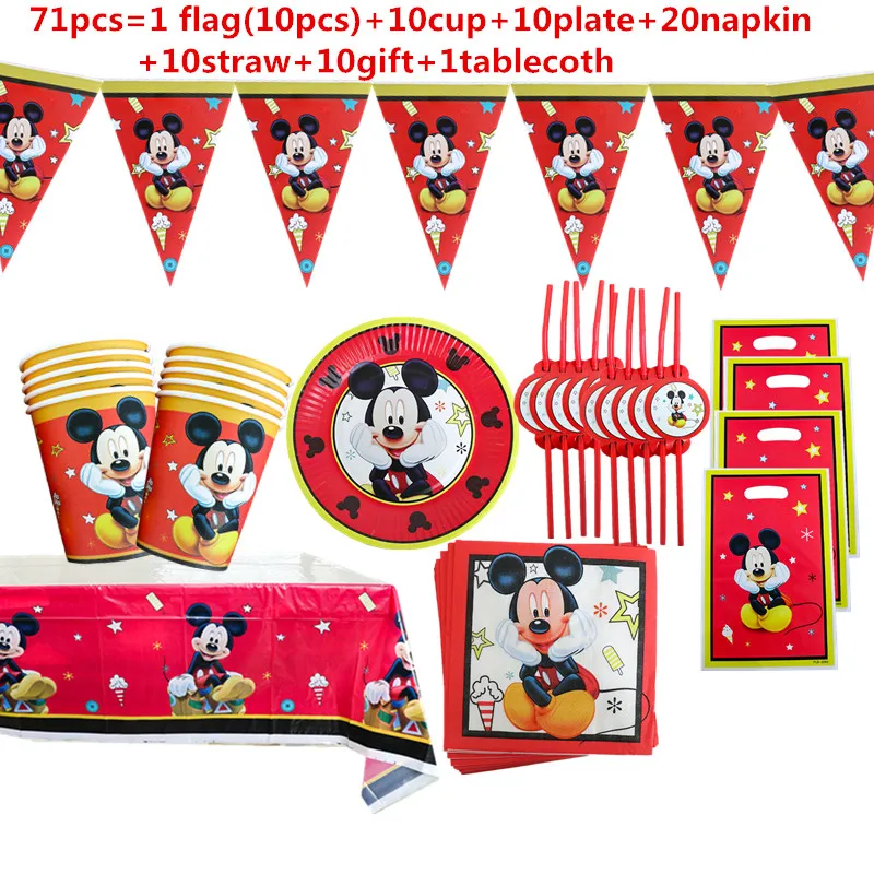 1Set Red Mickey Mouse Theme Disposable Paper Cups Plates Flexible Straws Baby Shower Kid Birthday Napkin Decoration Supplies 