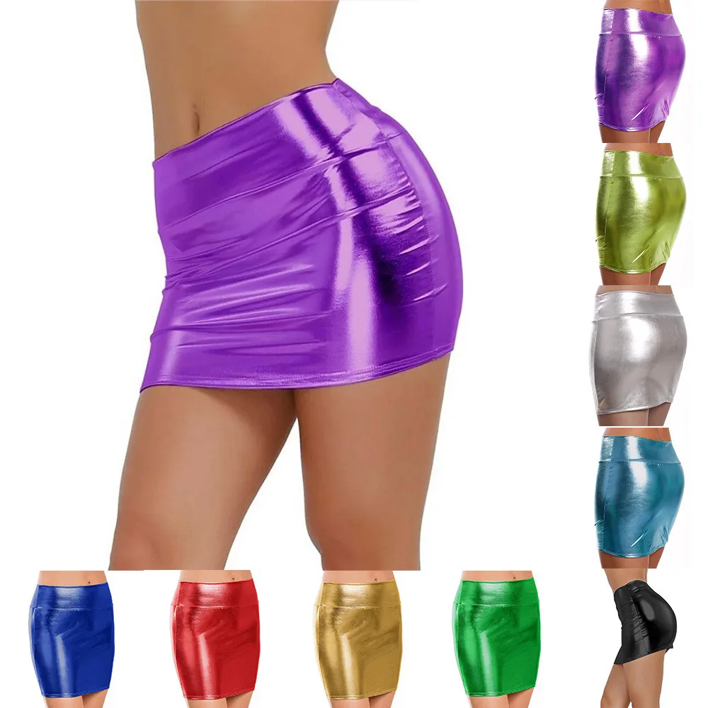 

Sexy Women Wetlook Mini Skirt Shiny Patent Leather Short Skirt Womens Party Bright Skirt Metal Dance Skirt Night Clubwear