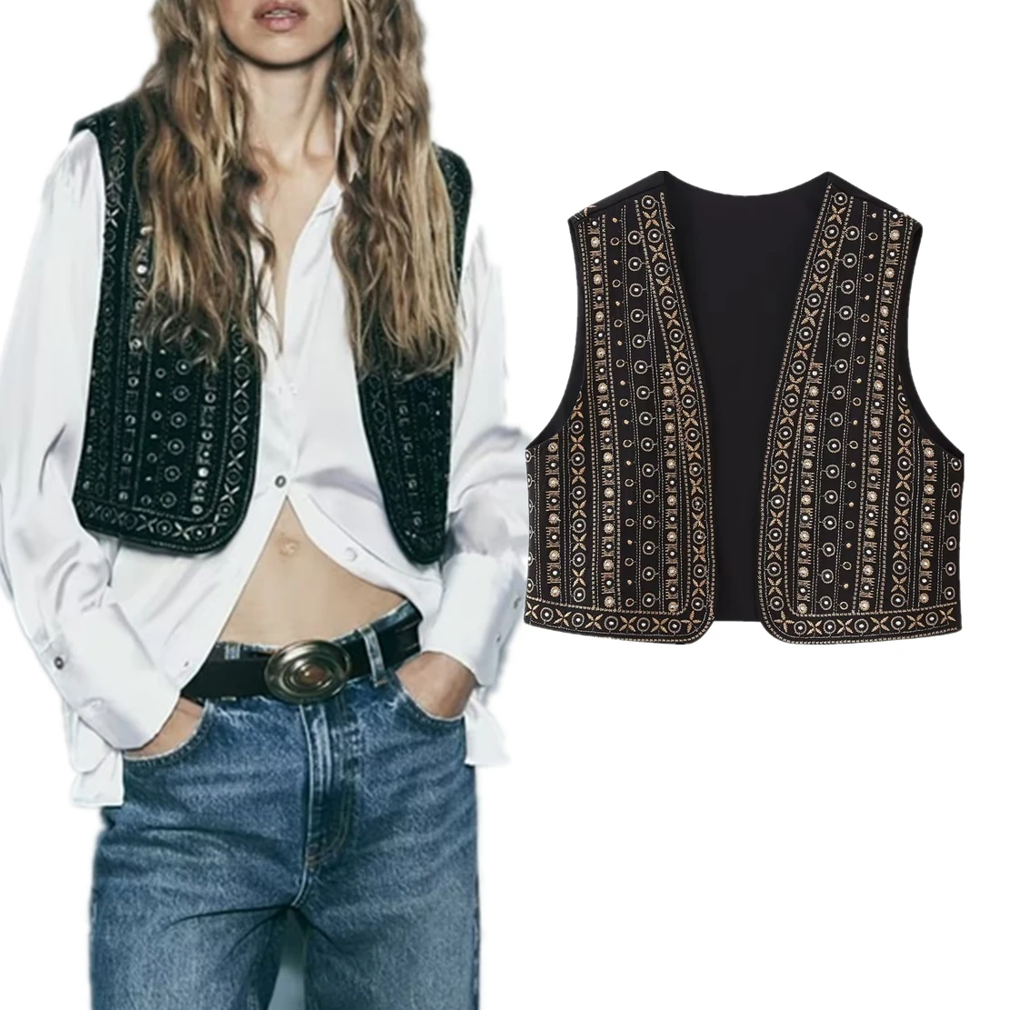 

Withered French Ethnic Style Beaded Embroidered Vest Jacket Women Fashion Top