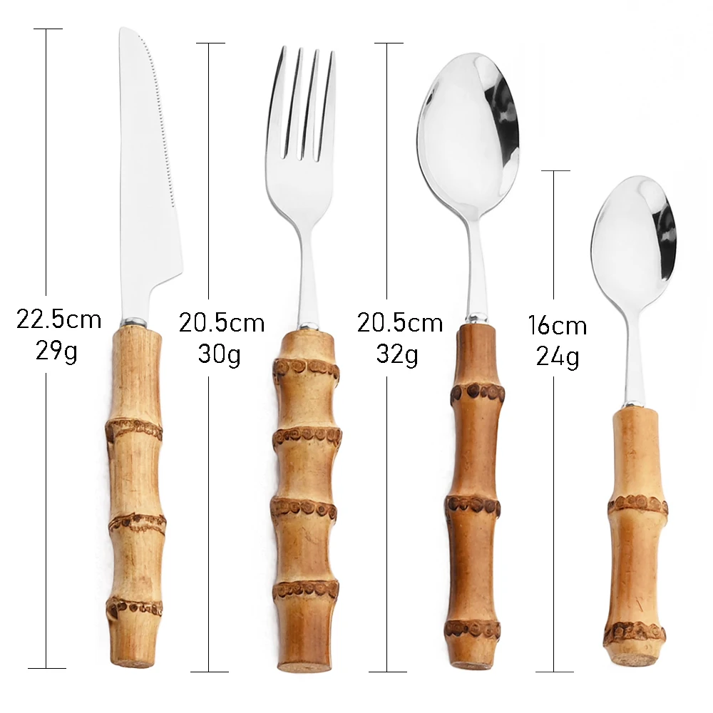 16/24/32Pcs Creative Bamboo Wooden Handle Tableware Set Stainless Steel Dinnerware Set Steak Knife Fork Spoon Cutlery Gift