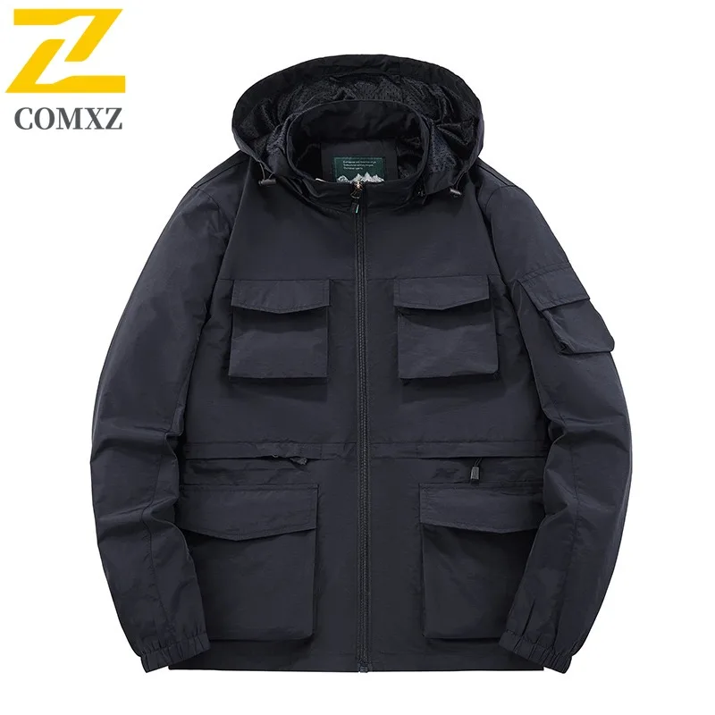 COMXZ Men's Multi Pocket Outerwear Fleece Lined Waterproof Hooded Travel Climbing Trench Coat Skiing High Quality Windproof Coat