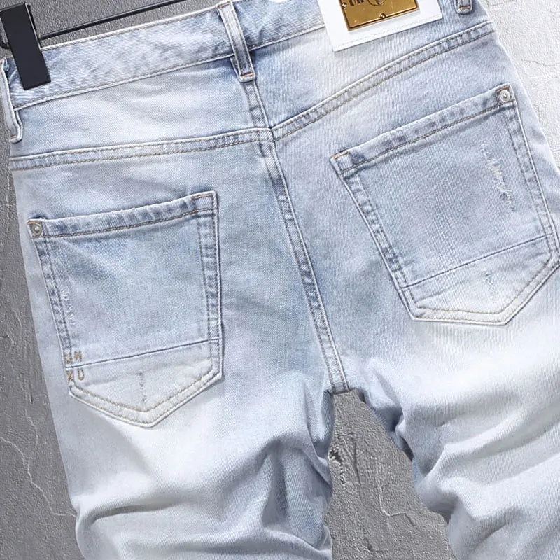 Summer Fashion Designer Short Jeans Men Retro Light Blue Stretch Slim Fit Ripped Jeans Patched Vintage Casual Denim Shorts Men