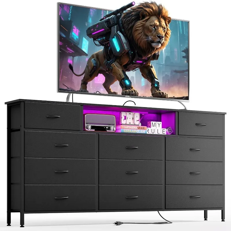 Long Dresser for Bedroom with Charging Station and LED Lights, Black Dresser TV Stand with