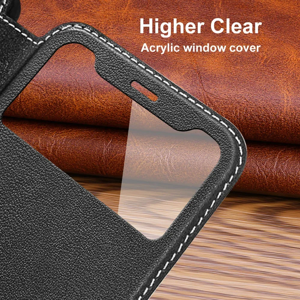 Luxury Genuine Leather Flip Cover with Window - Premium Book-Style Case