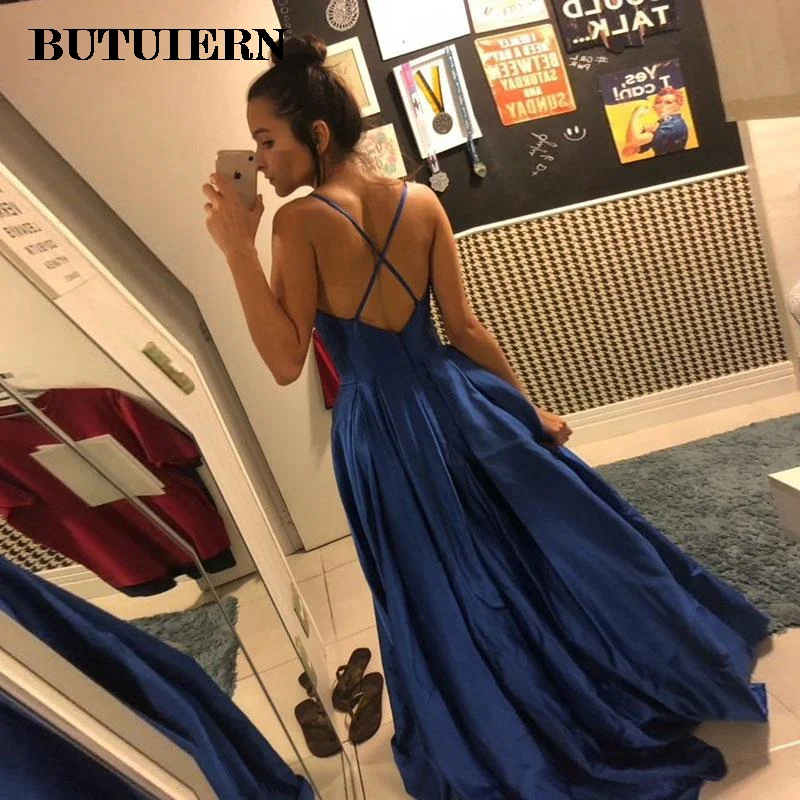 

Dlass Store Navy Blue Evening Dresses A Line Spaghetti Strapless Robe De Soirée Femme Long Backless Latest