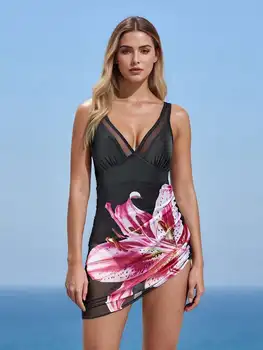 Women One Piece Swimsuit With Floral Print Mesh Sheer Sarong Wrap Tummy Control Bathing Suit