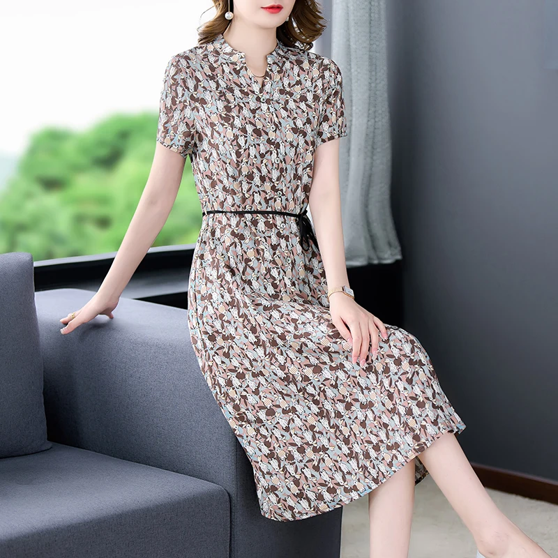

2023 New Fashion Silk Printed Dress Women's Summer Floral Short Sleeve Loose Fit Casual Holiday Party Dress Vestidos