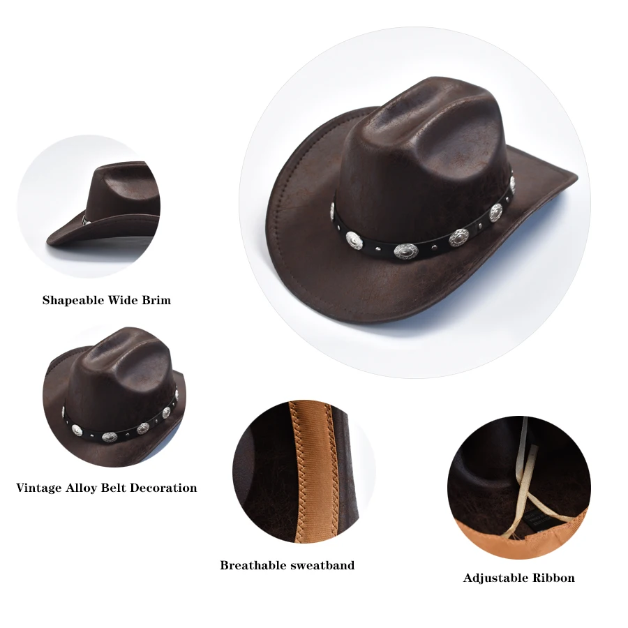 Unisex Faux Leather Western Cowboy Hat Vintage Gentleman