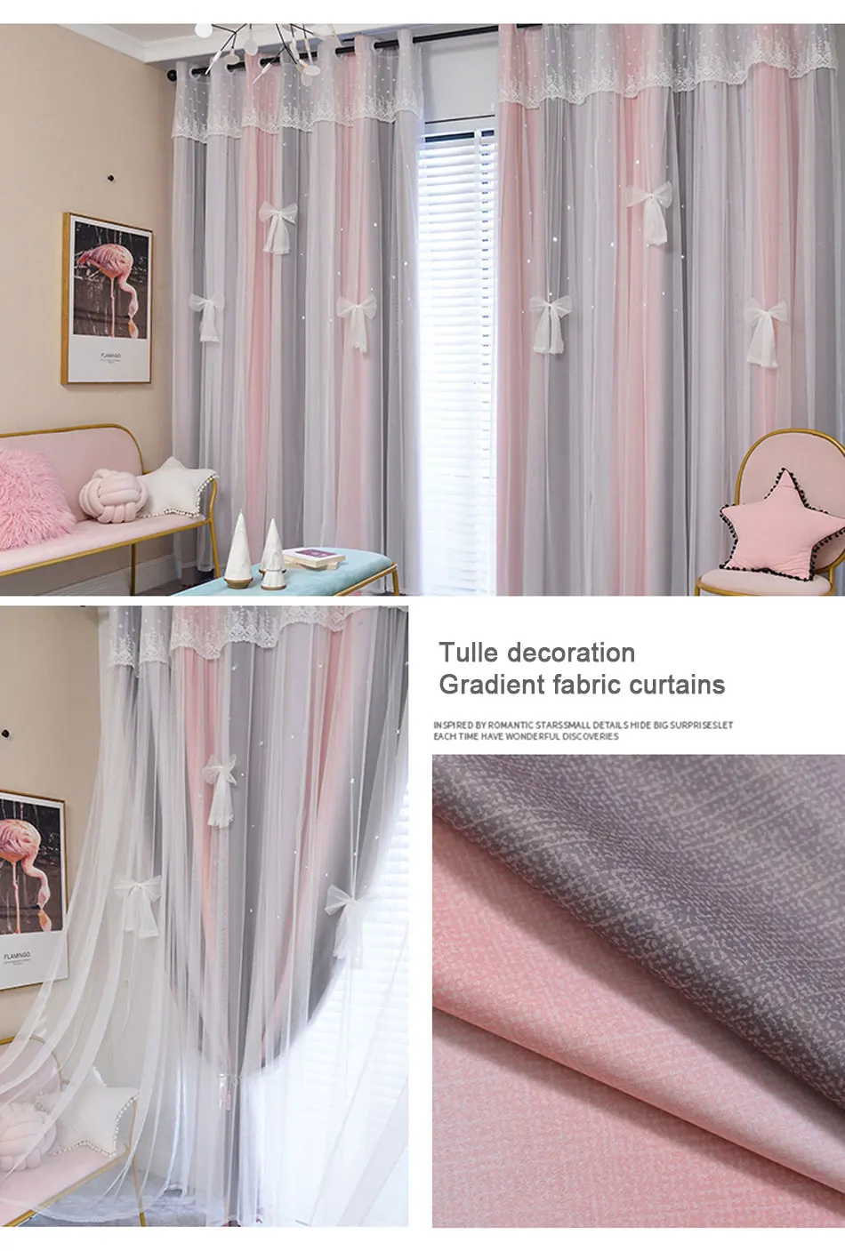 MIDSUM Bedroom Curtains Cloth Tulle Double Layer Drapes Hollow Star Decoration Window Blue Pink Gradient Curtain For Living Room