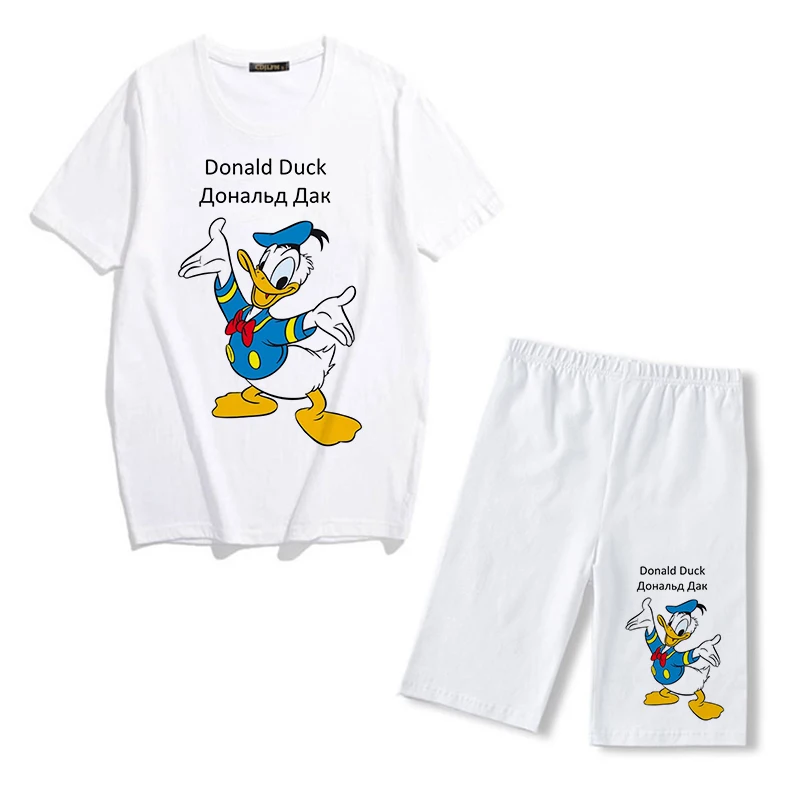 Disney Donald Duck Cartoon Print Fashion Women Two Piece Set Short Sleeve T-shirt+sports Shorts Summer Casual Tracksuits Clothes plus size jogger set