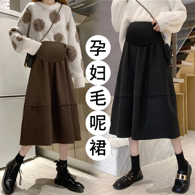587# Autumn Winter Woolen Maternity Skirts Elastic Waist Belly A Line Clothes for Pregnant Women Dense Pregnancy Pants