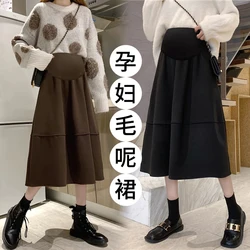 587# Autumn Winter Woolen Maternity Skirts Elastic Waist Belly A Line Clothes for Pregnant Women Dense Pregnancy Pants