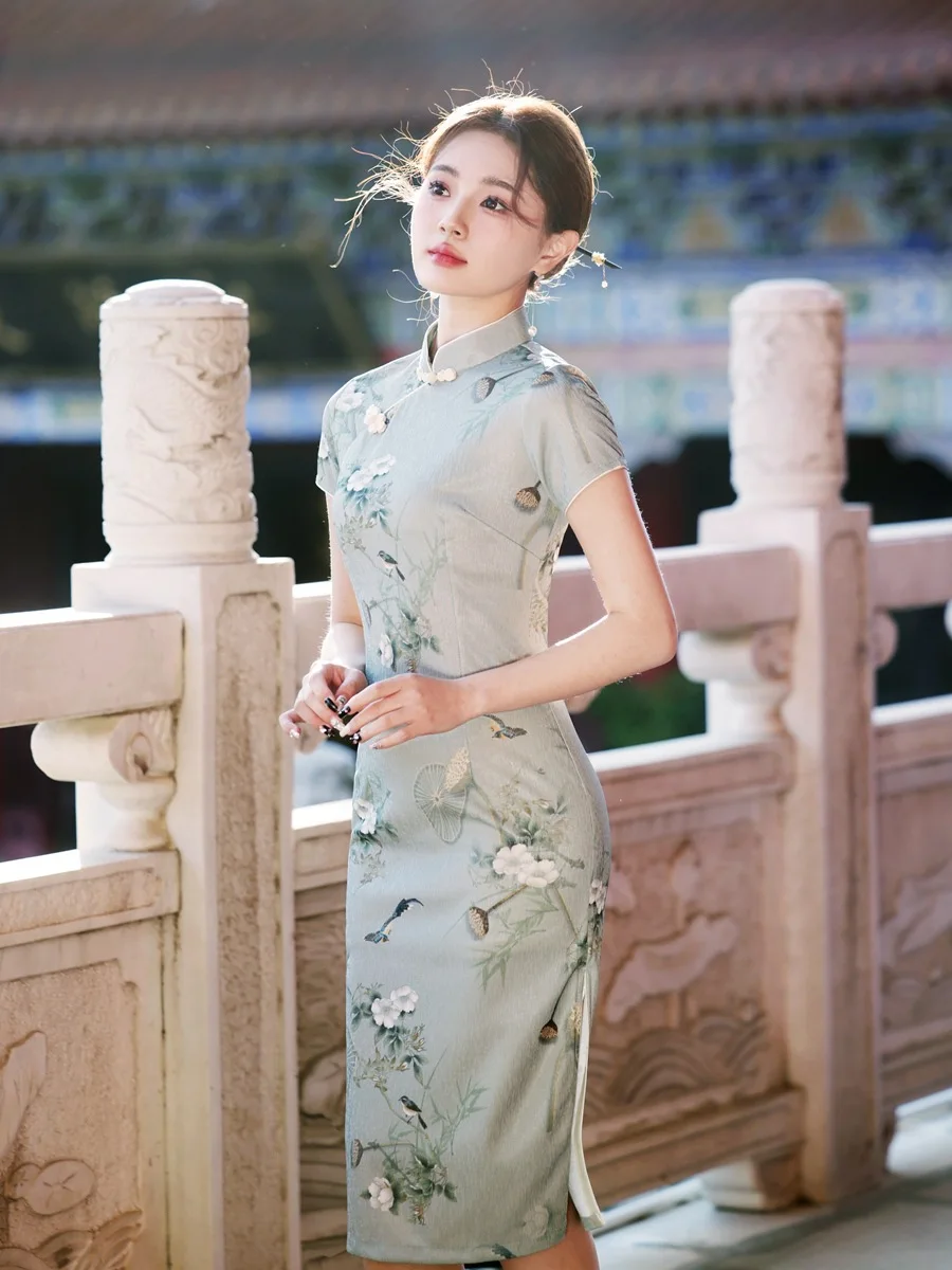 

Women's Jacquard Cheongsam Chinese Traditional Style Elegant Short-Sleeved Improved Qipao Retro Knee Length Summer Dress