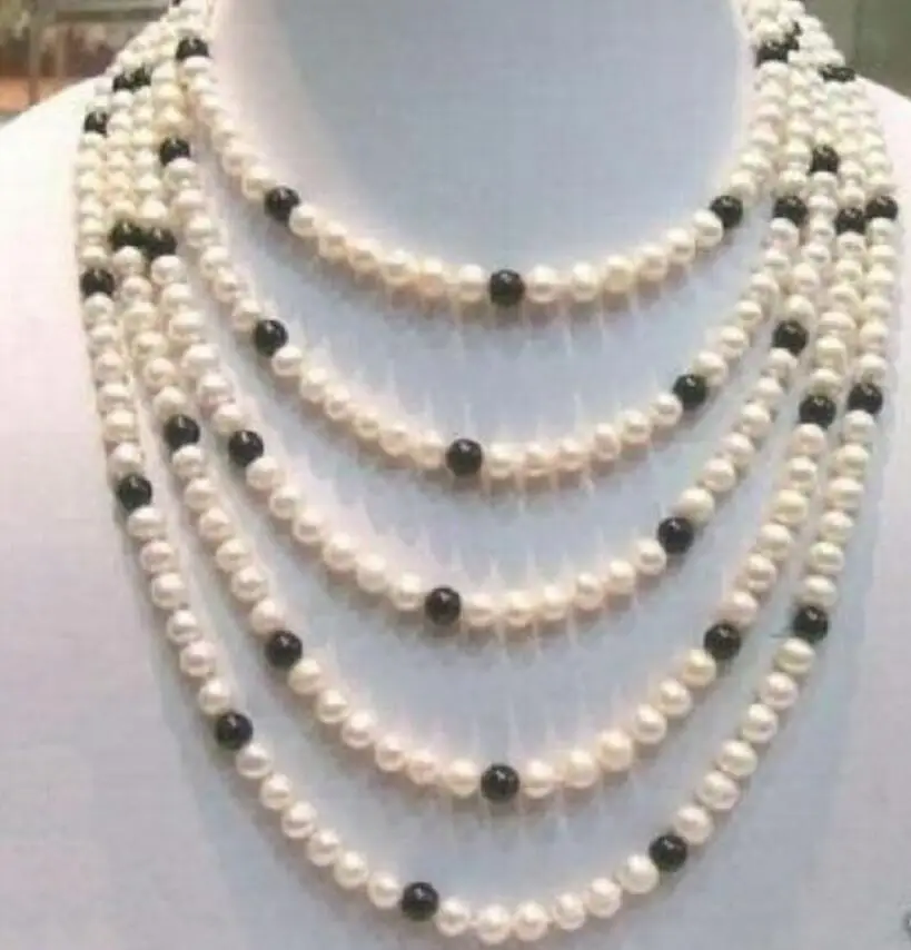 

100'' AAA+7-8MM CHARMING AKOYA WHITE BLACK PEARL NECKLACE 14k/20 yellow gold clasp